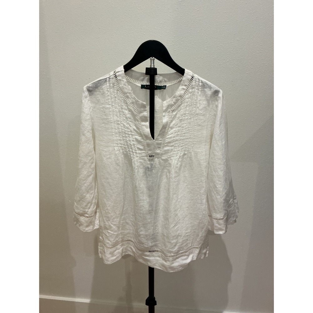 Lauren Ralph Lauren White Linen Pintuck Ladder Stitch Tunic Blouse Top Medium